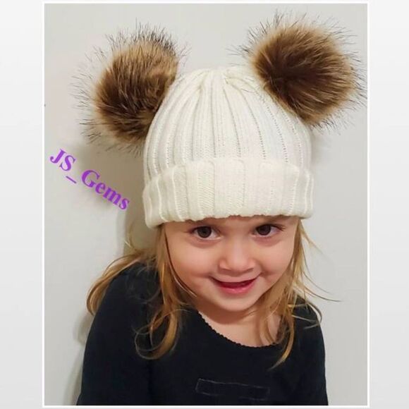 New Double Pompoms Beanie Hat Toddler Kid Cream Chunky Knit - Picture 1 of 14